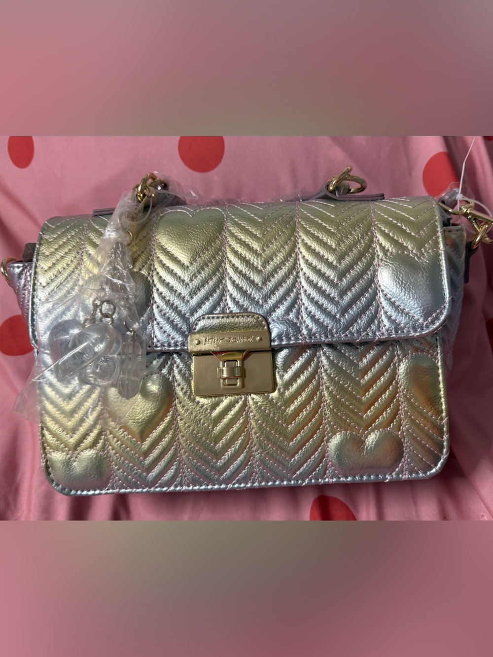 Betsey Johnson silver rainbow heart quilted crossbody bag BNWT
